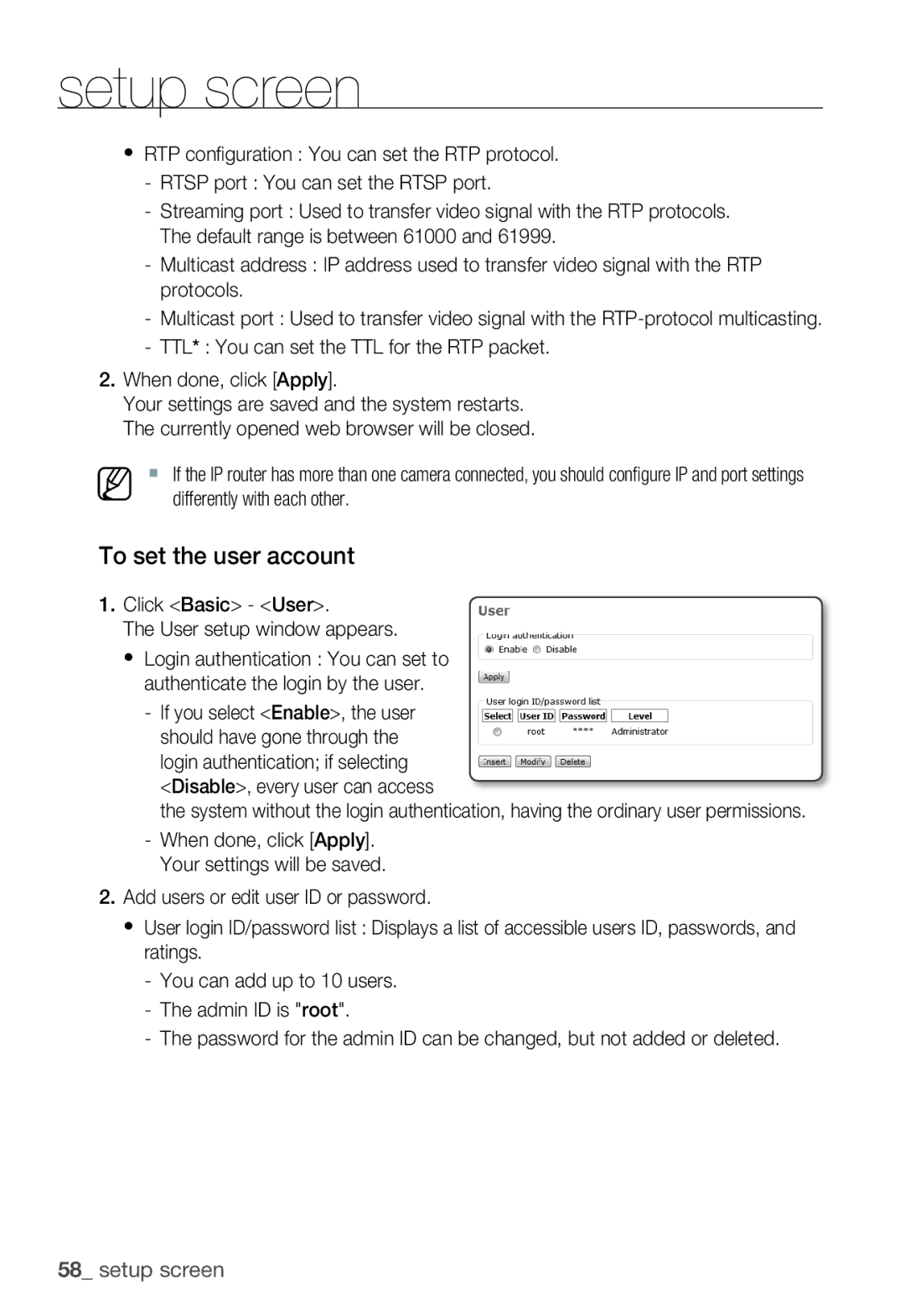 Samsung SNC-B5399P manual To set the user account, Click Basic User User setup window appears 