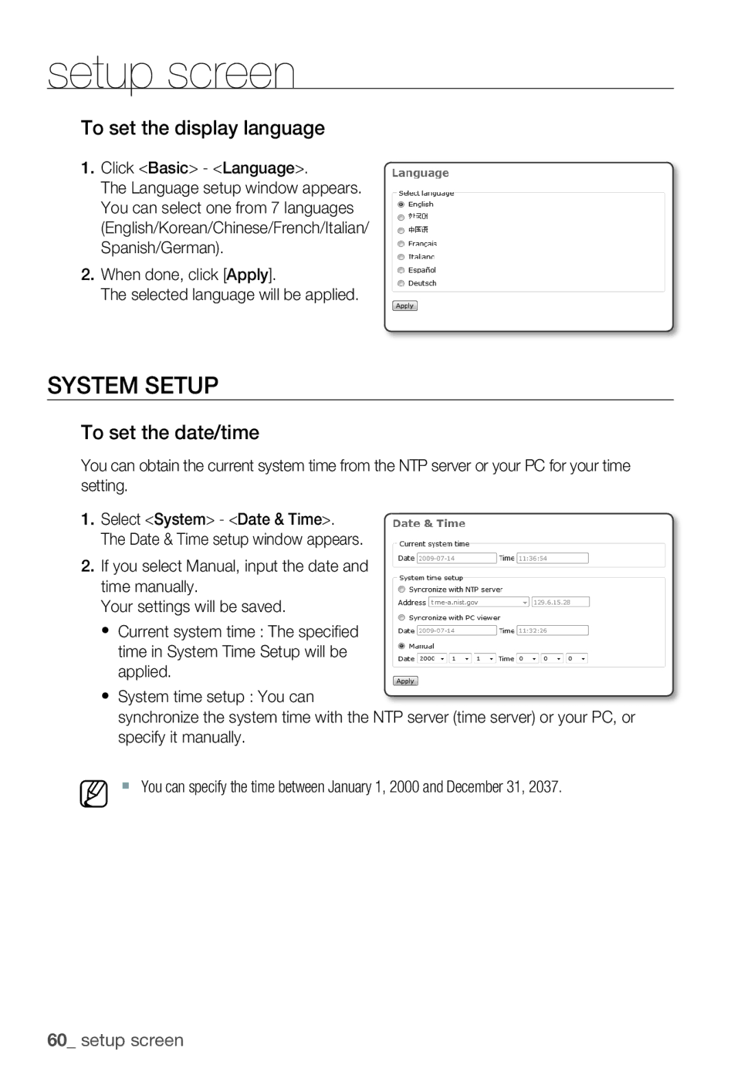 Samsung SNC-B5399P manual System Setup, To set the display language, To set the date/time, Click Basic Language 