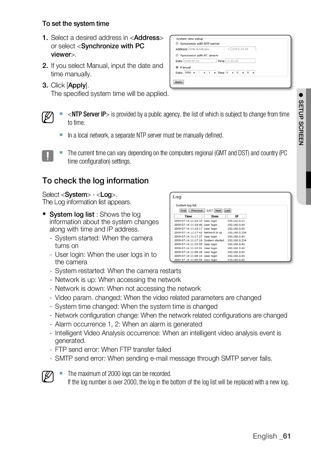 Samsung SNC-B5399P manual To check the log information, Select System Log Log information list appears 