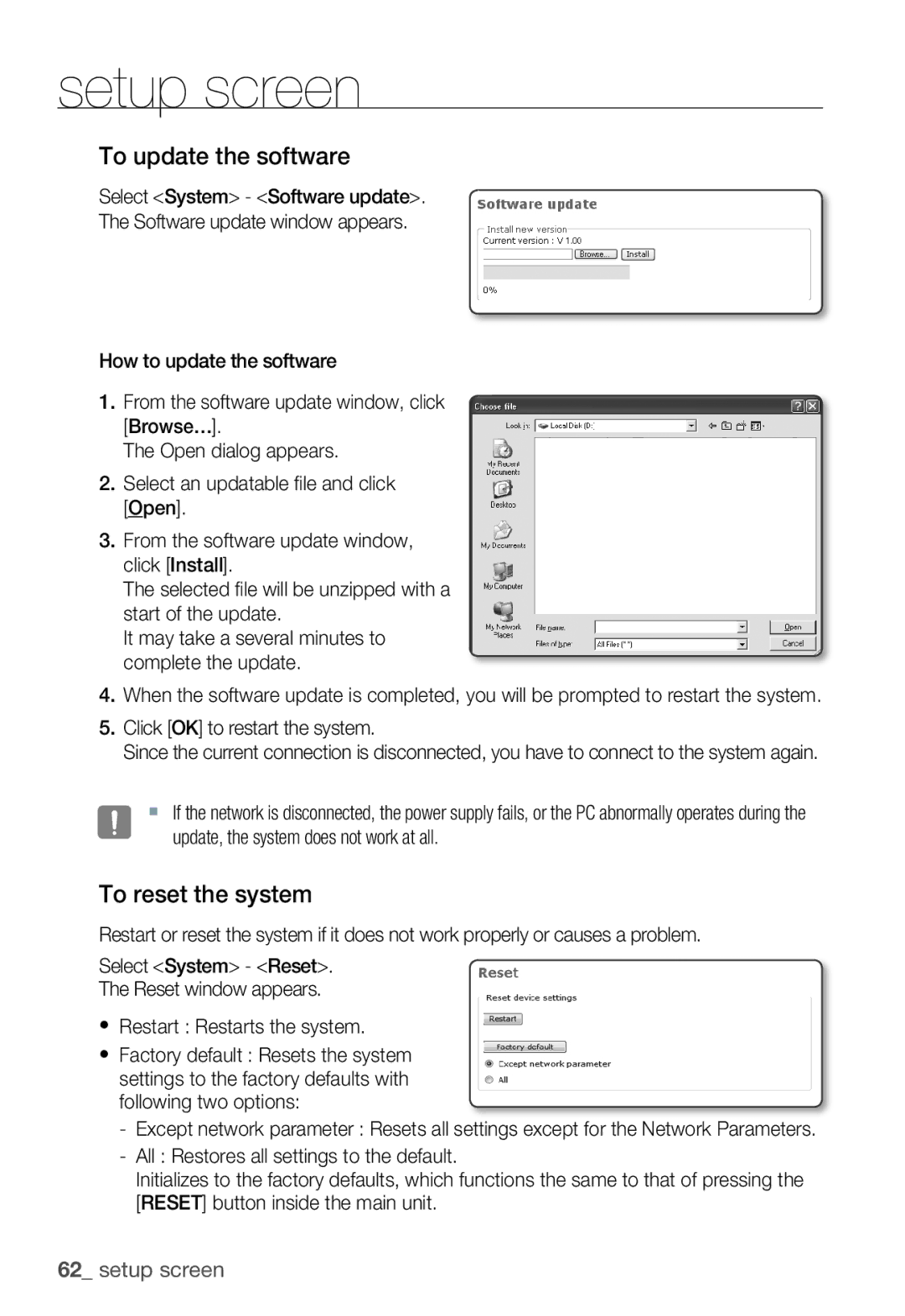 Samsung SNC-B5399P manual To update the software, To reset the system 