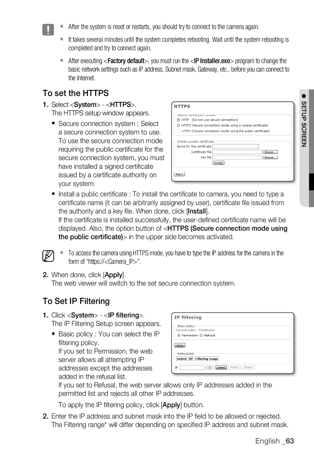 Samsung SNC-B5399P manual To set the Https, To Set IP Filtering 