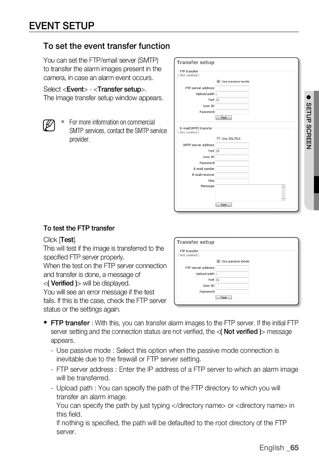 Samsung SNC-B5399P manual Event Setup, To set the event transfer function, To test the FTP transfer Click Test 