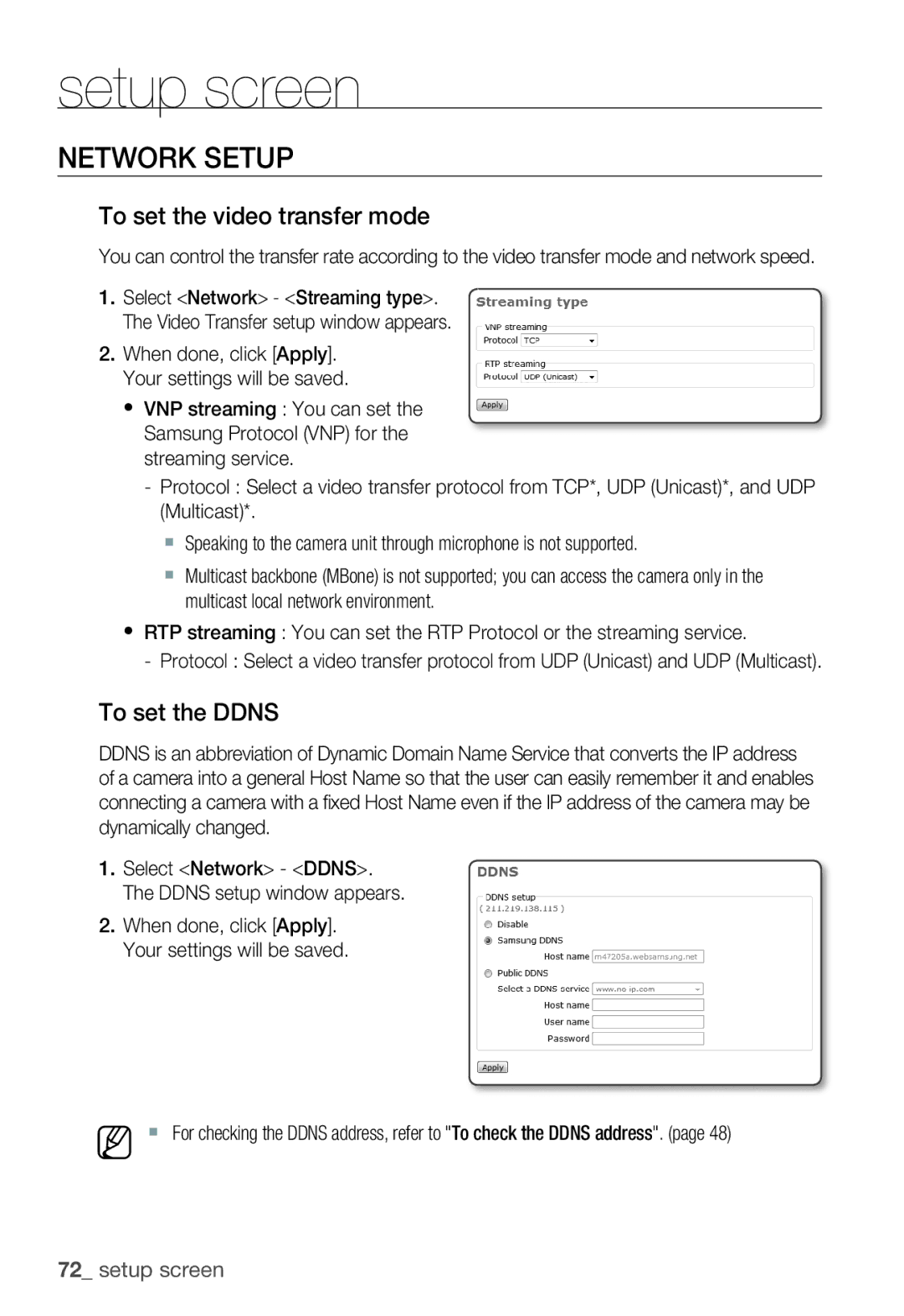 Samsung SNC-B5399P manual Network Setup, To set the video transfer mode, To set the Ddns 