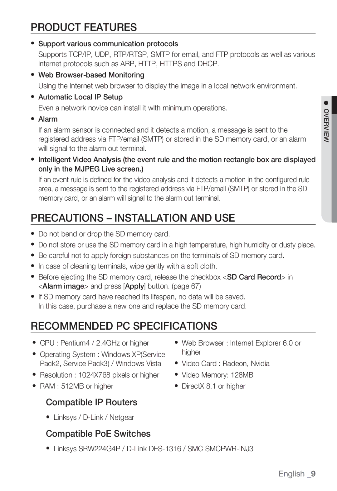 Samsung SNC-B5399P manual Product Features, Precautions Installation and USE, Recommended PC Specifications 