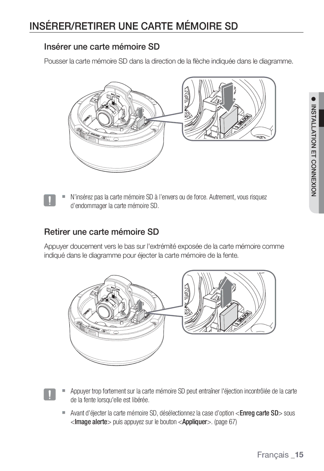 Samsung SNC-B5399P manual INSÉRER/RETIRER UNE Carte Mémoire SD, Insérer une carte mémoire SD, Retirer une carte mémoire SD 