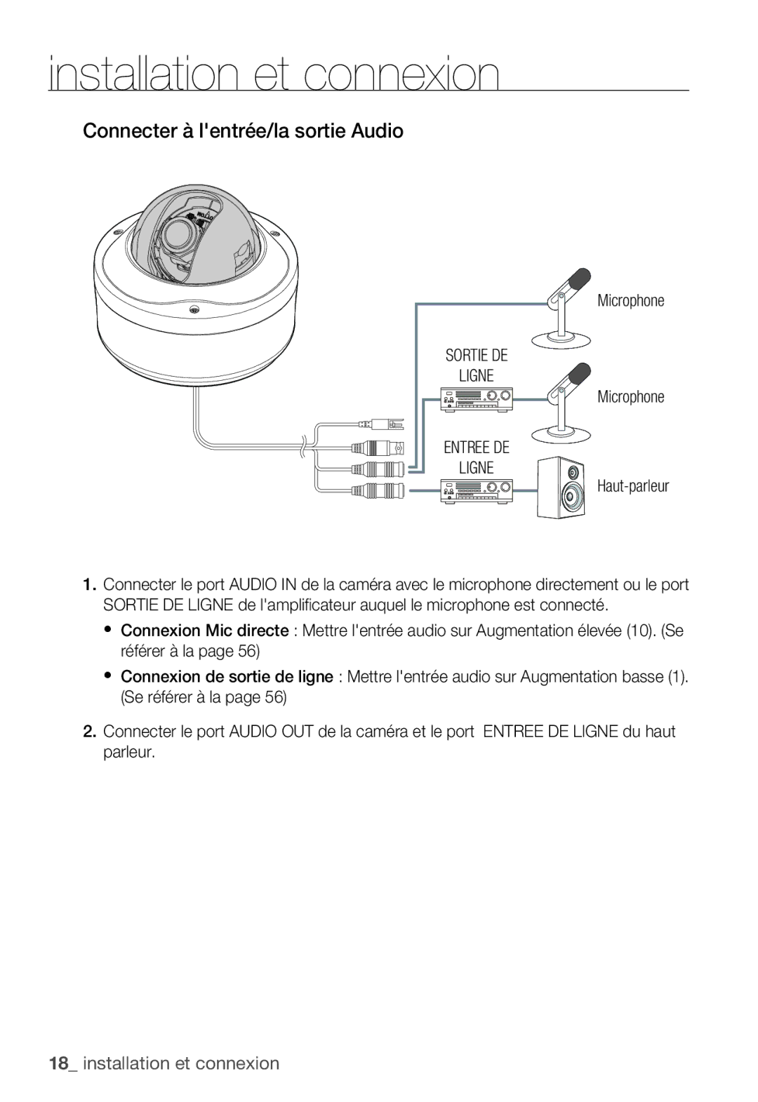 Samsung SNC-B5399P manual Connecter à lentrée/la sortie Audio, Microphone, Sortie DE Ligne, Entree DE Ligne, Haut-parleur 