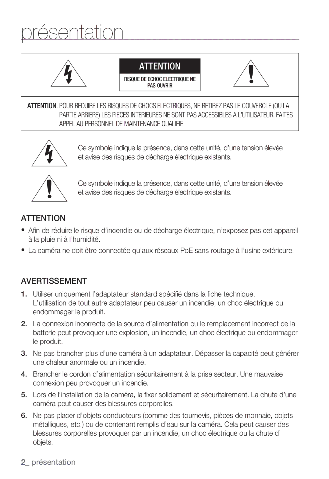 Samsung SNC-B5399P manual Présentation, Avertissement 