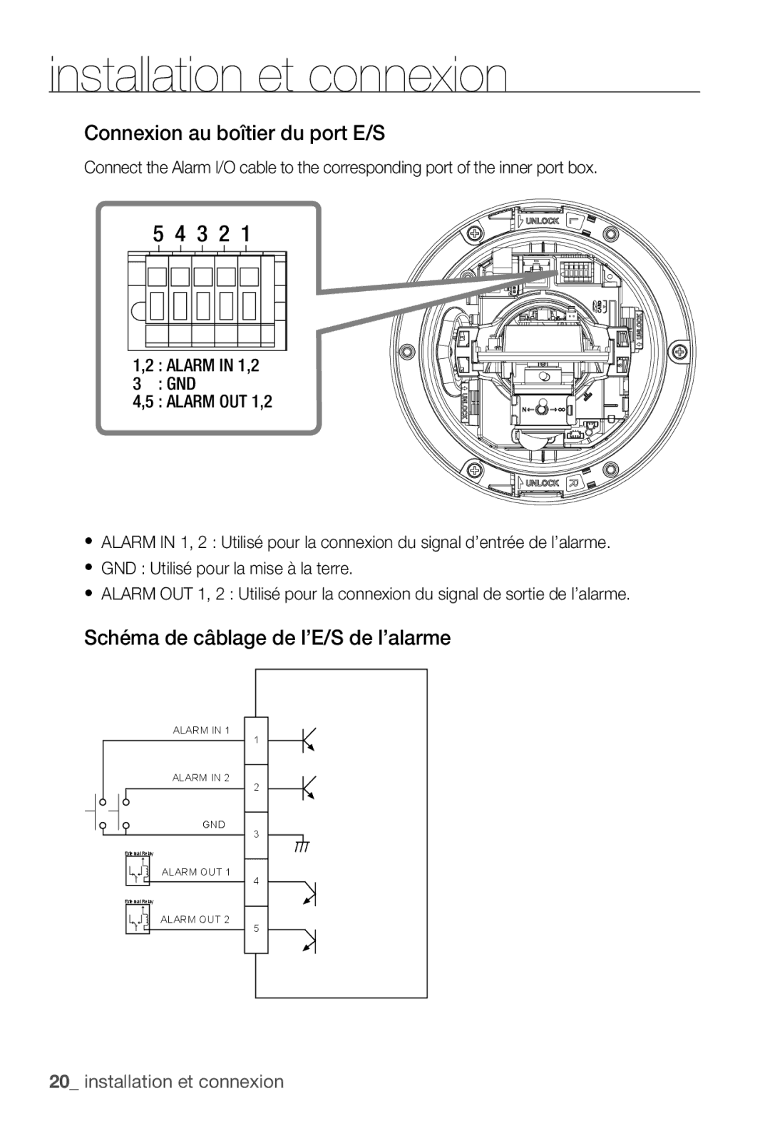 Samsung SNC-B5399P manual Connexion au boîtier du port E/S, Schéma de câblage de l’E/S de l’alarme 