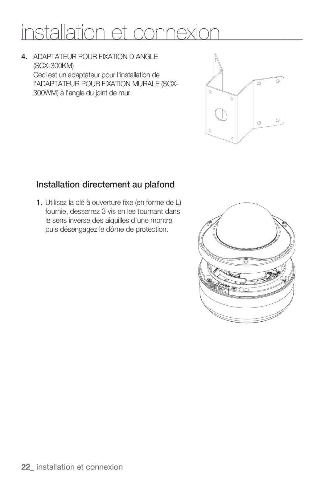 Samsung SNC-B5399P manual Installation directement au plafond, Adaptateur Pour Fixation Dangle SCX-300KM 