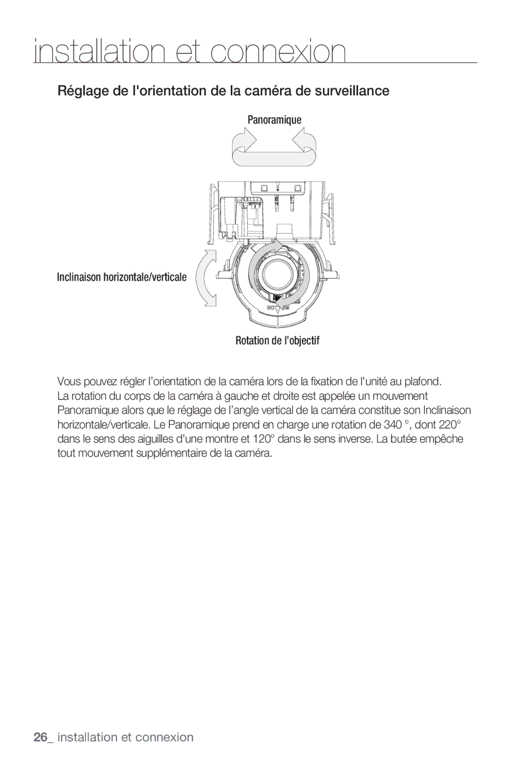 Samsung SNC-B5399P manual Réglage de lorientation de la caméra de surveillance 