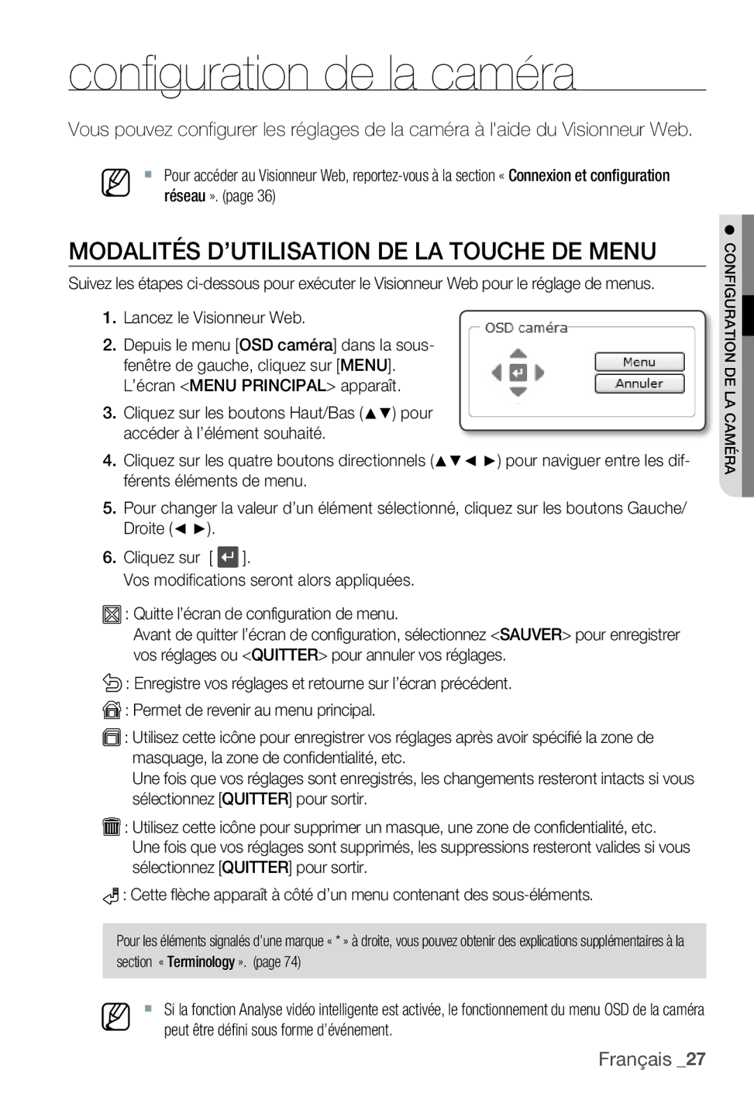 Samsung SNC-B5399P manual Modalités D’UTILISATION DE LA Touche DE Menu, Lancez le Visionneur Web 