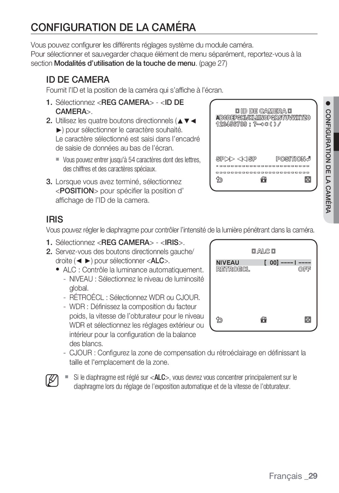 Samsung SNC-B5399P manual Configuration DE LA Caméra, ID DE Camera, Iris 