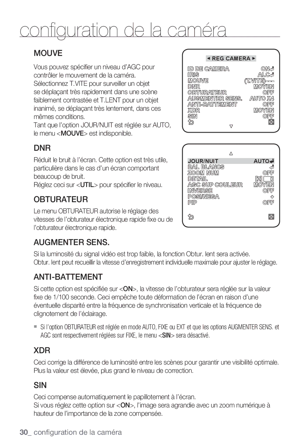 Samsung SNC-B5399P manual Mouve, Dnr, Obturateur, Augmenter Sens, Anti-Battement, Xdr, Sin 