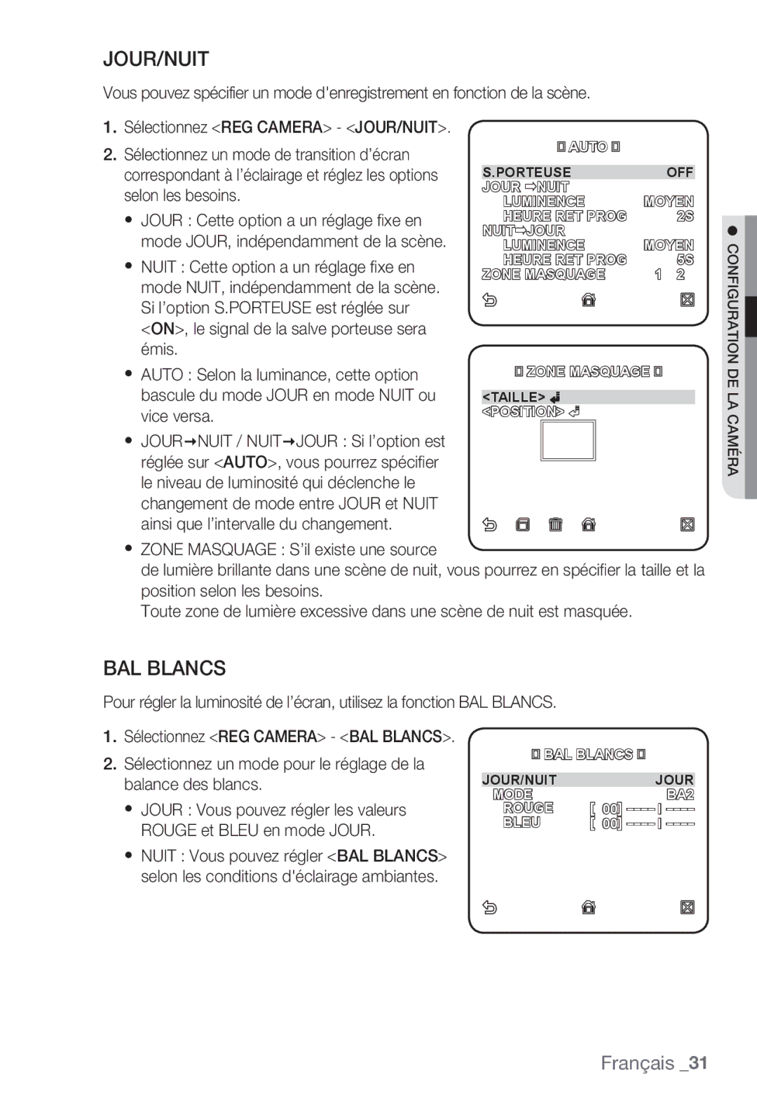 Samsung SNC-B5399P manual Jour/Nuit, BAL Blancs 