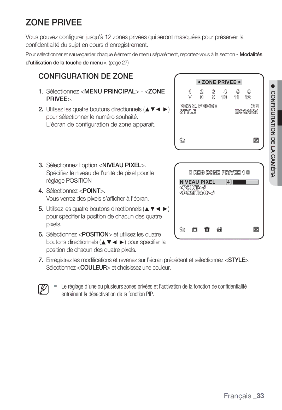 Samsung SNC-B5399P manual Configuration DE Zone, Sélectionnez Menu Principal Zone Privee 