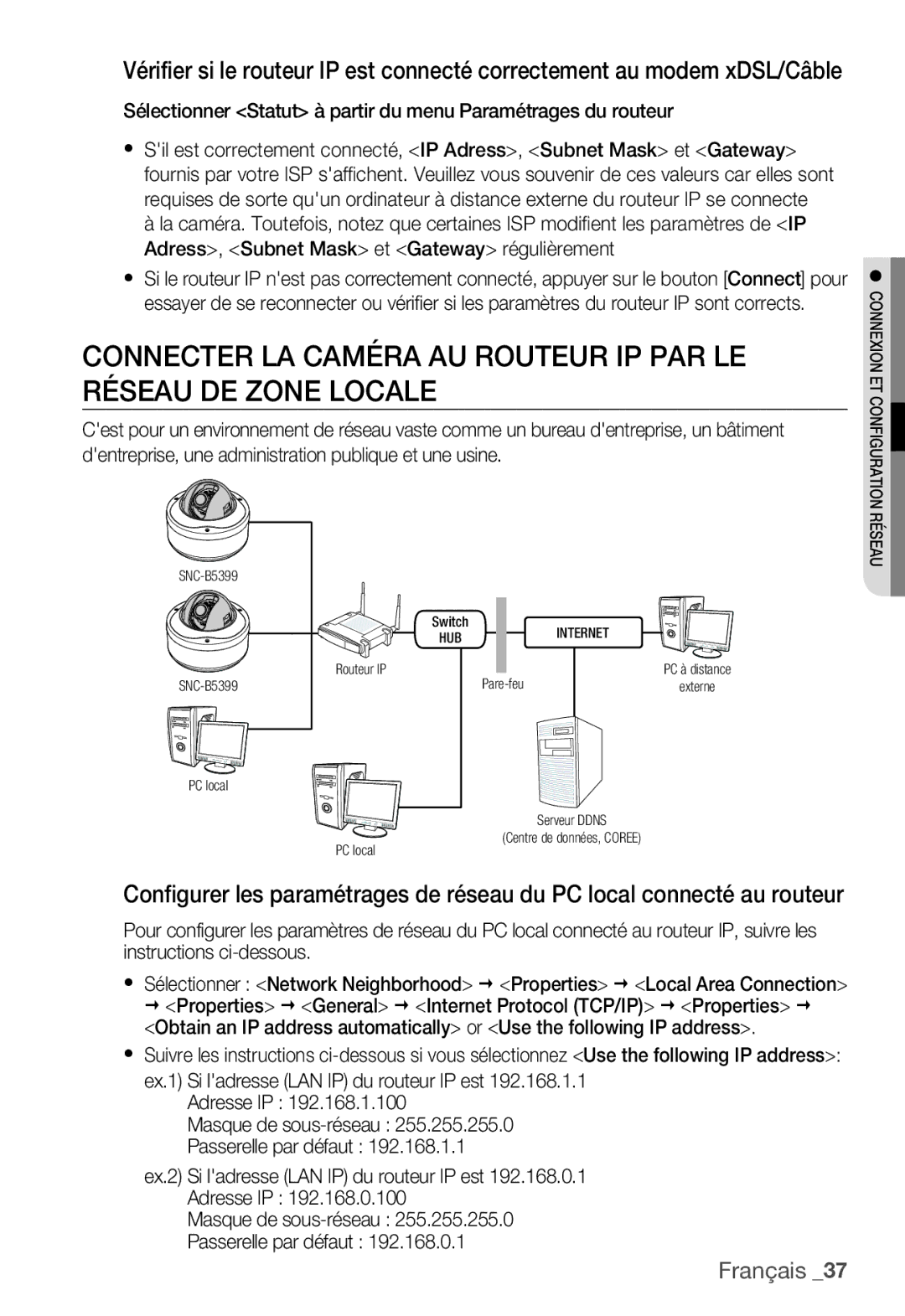 Samsung SNC-B5399P manual Sélectionner Statut à partir du menu Paramétrages du routeur 