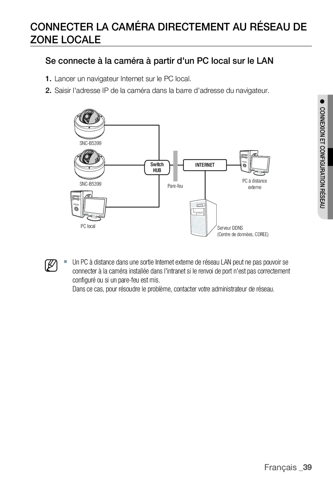 Samsung SNC-B5399P manual Connecter LA Caméra Directement AU Réseau DE Zone Locale 