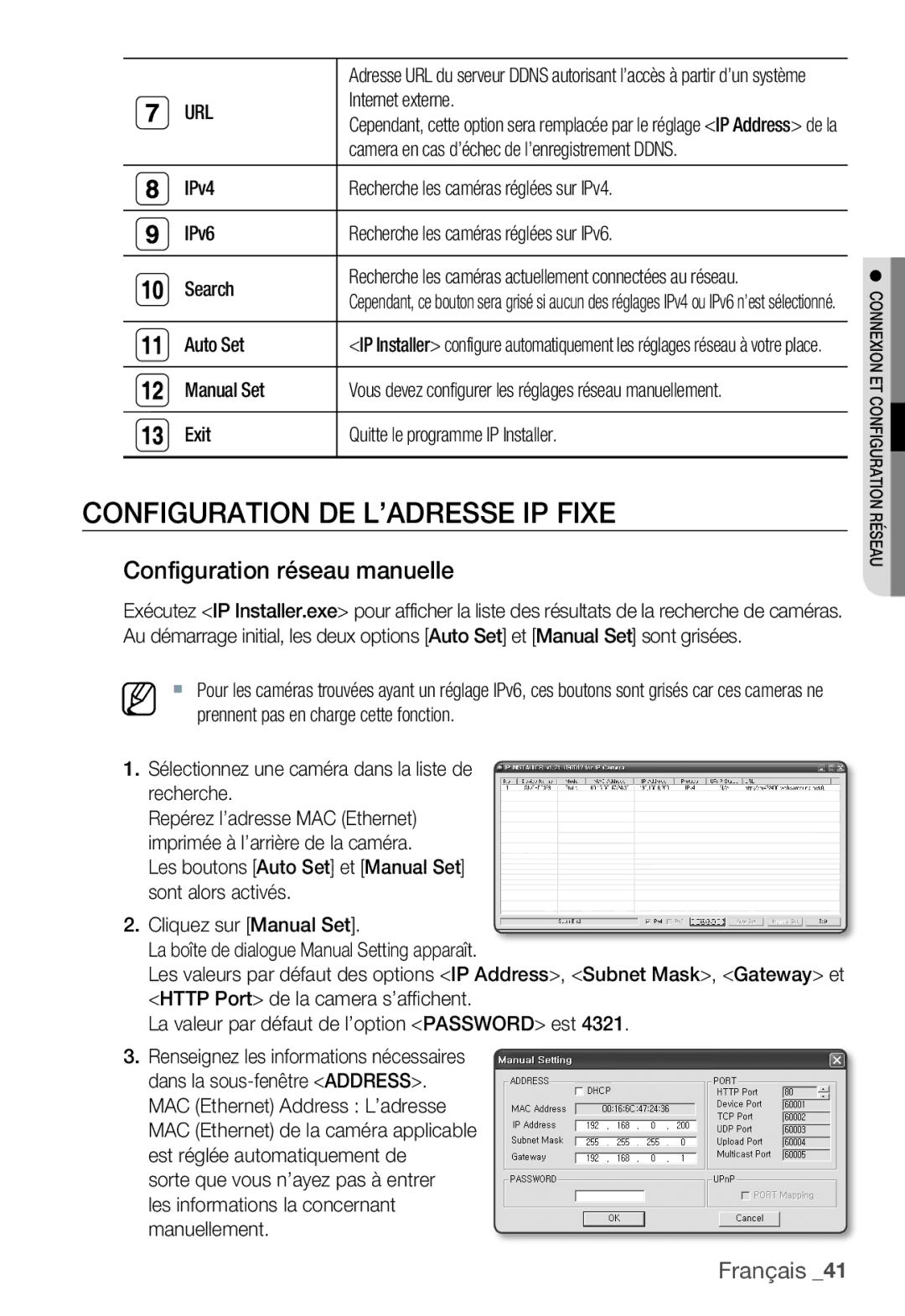 Samsung SNC-B5399P manual Configuration DE L’ADRESSE IP Fixe, Configuration réseau manuelle, Url 