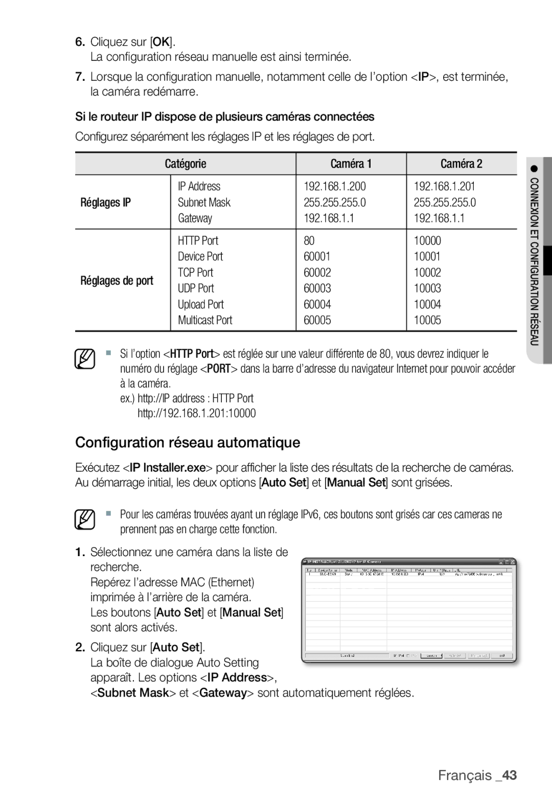 Samsung SNC-B5399P manual Configuration réseau automatique, La caméra, Subnet Mask et Gateway sont automatiquement réglées 