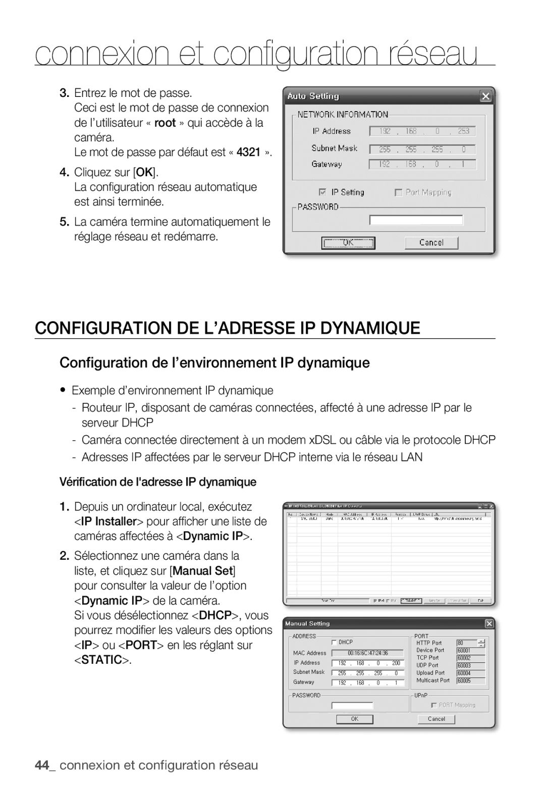 Samsung SNC-B5399P manual Configuration DE L’ADRESSE IP Dynamique, Configuration de l’environnement IP dynamique 