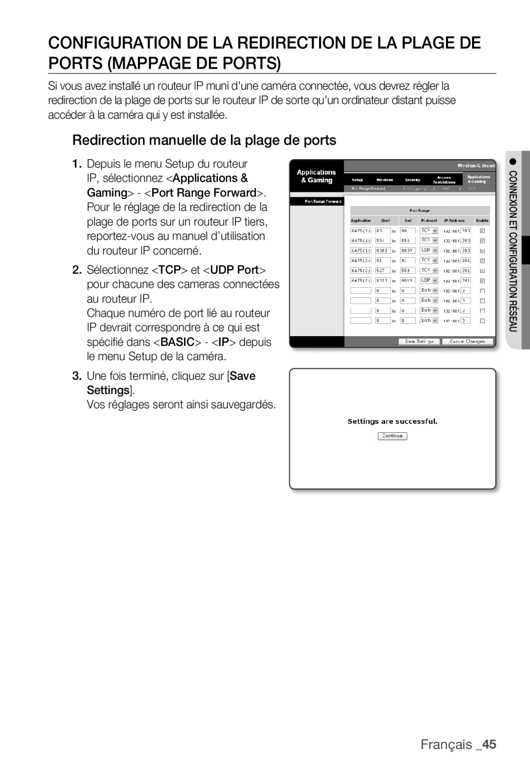 Samsung SNC-B5399P manual Redirection manuelle de la plage de ports 