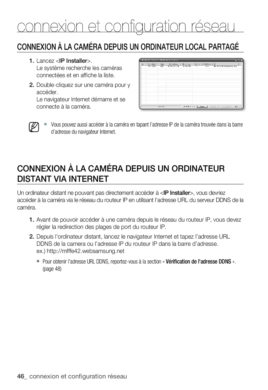 Samsung SNC-B5399P manual Connexion À LA Caméra Depuis UN Ordinateur Local Partagé, Lancez IP Installer 