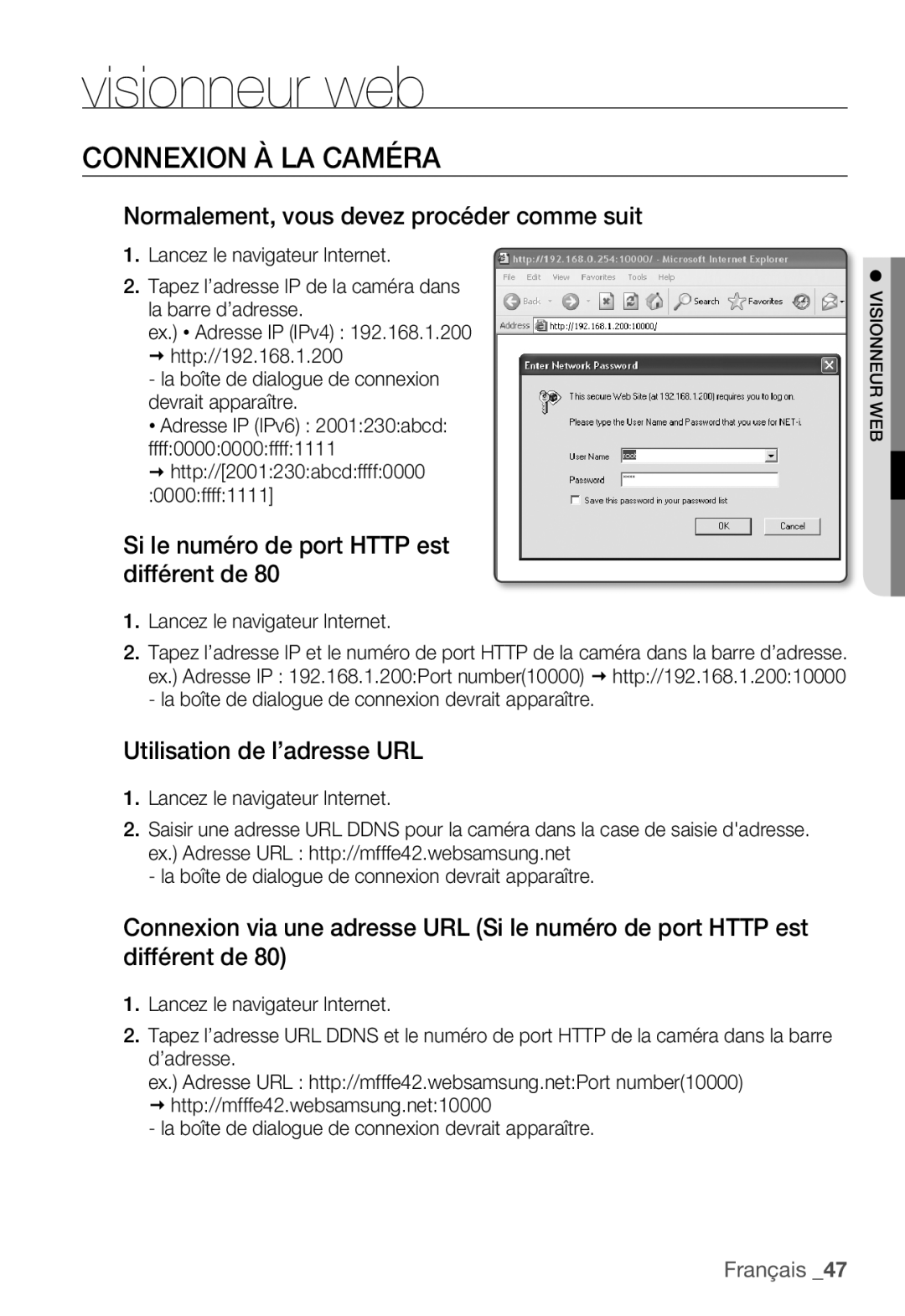 Samsung SNC-B5399P manual Connexion À LA Caméra, Normalement, vous devez procéder comme suit, Utilisation de l’adresse URL 