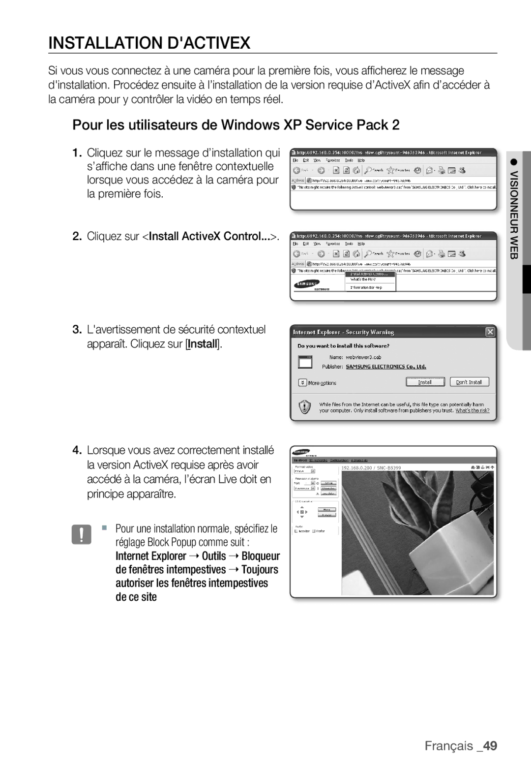 Samsung SNC-B5399P manual Installation Dactivex, Pour les utilisateurs de Windows XP Service Pack 