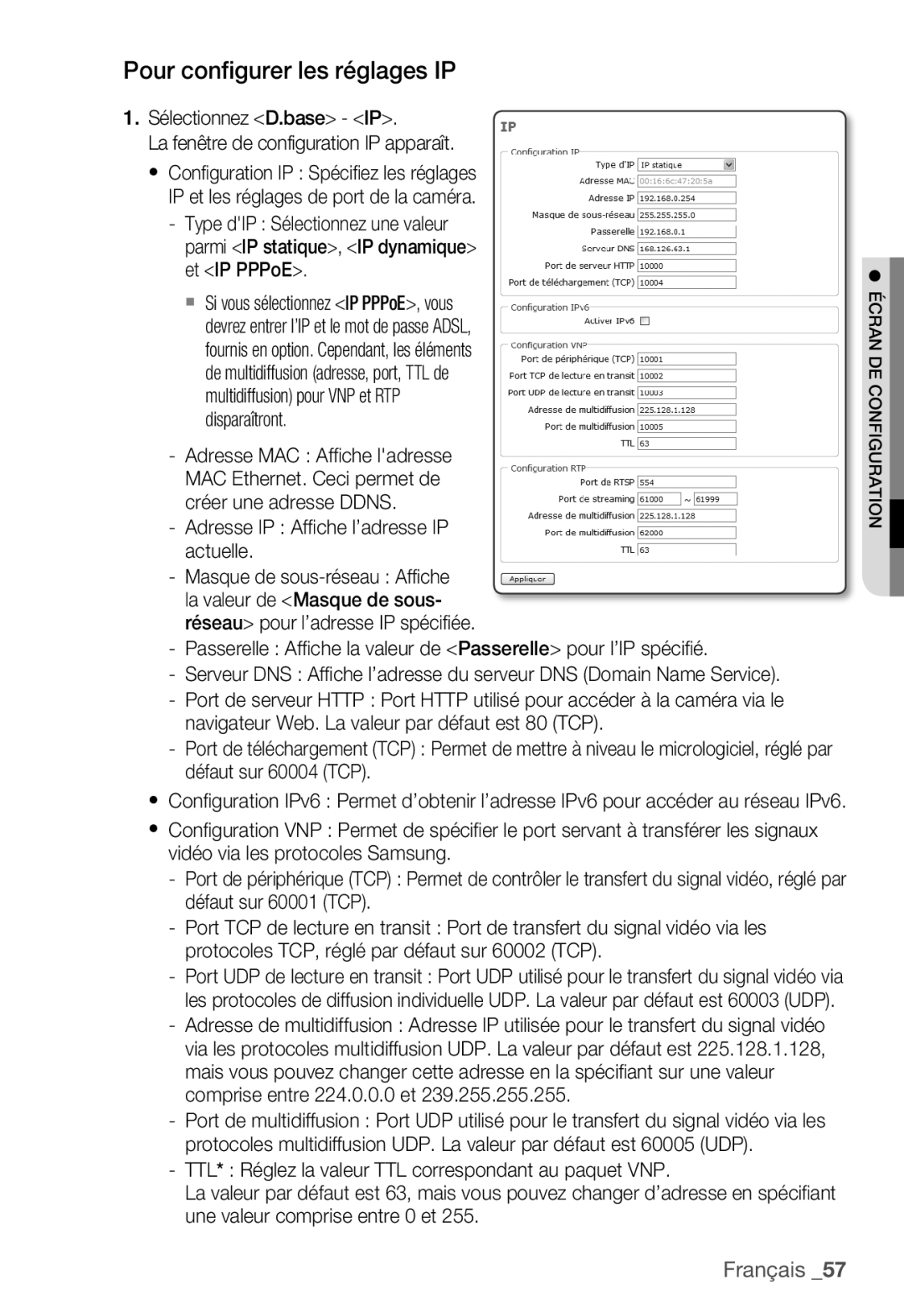 Samsung SNC-B5399P manual Pour configurer les réglages IP, Sélectionnez D.base IP, Adresse IP Afﬁ che l’adresse IP actuelle 