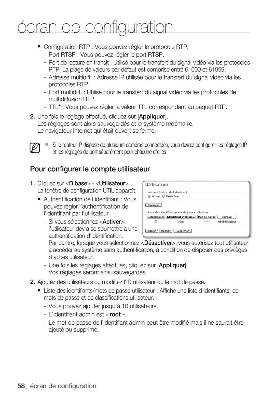 Samsung SNC-B5399P manual Pour configurer le compte utilisateur, 58 écran de configuration 