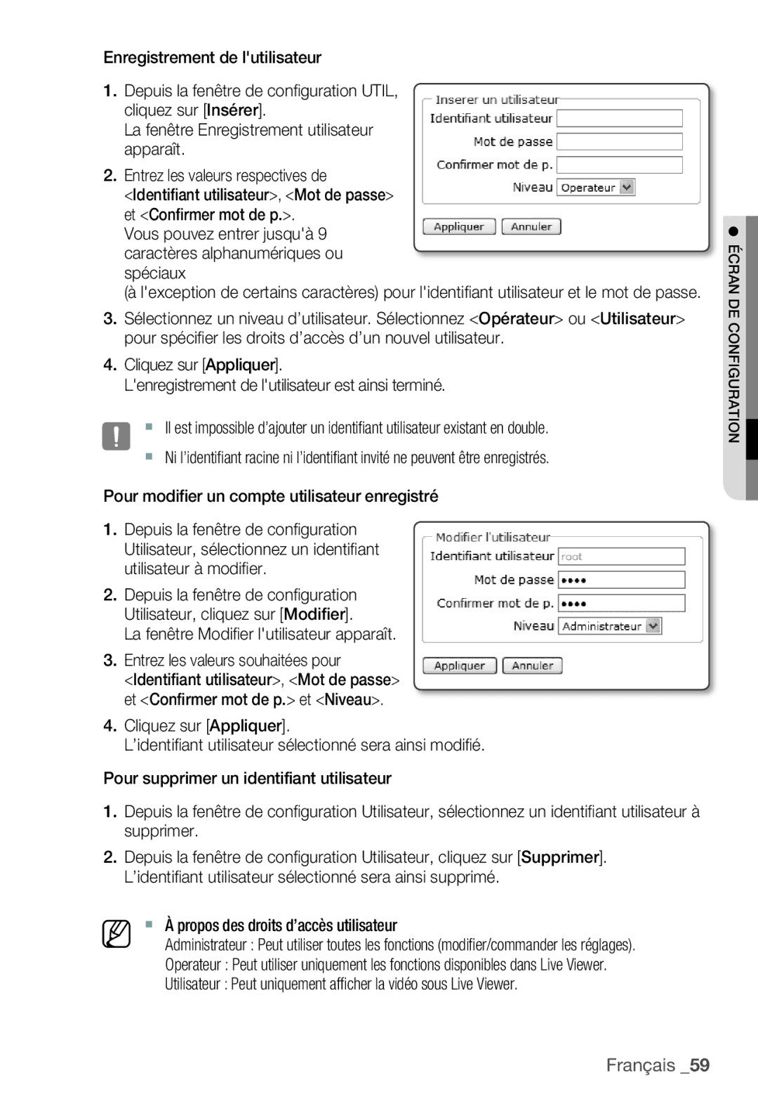 Samsung SNC-B5399P manual  À propos des droits d’accès utilisateur 