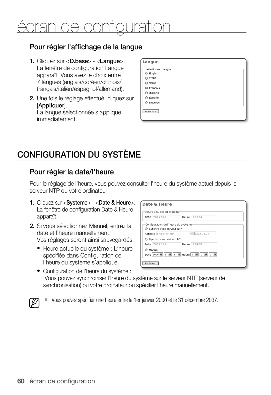 Samsung SNC-B5399P manual Configuration DU Système, Pour régler laffichage de la langue, Pour régler la date/l’heure 