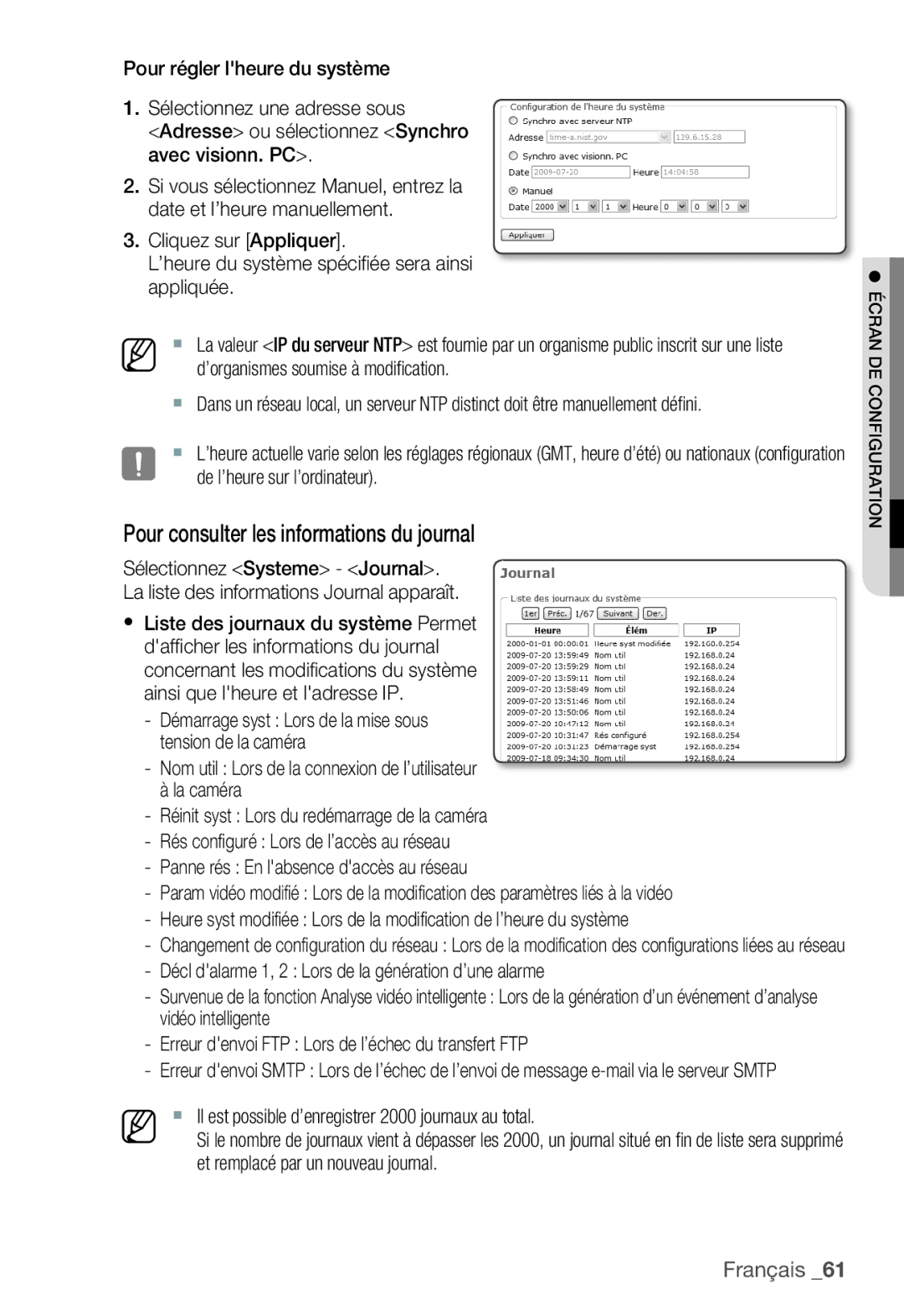 Samsung SNC-B5399P Pour consulter les informations du journal,  Il est possible d’enregistrer 2000 journaux au total 