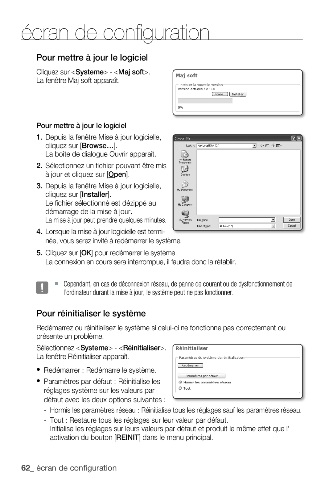 Samsung SNC-B5399P manual Pour mettre à jour le logiciel, Pour réinitialiser le système 