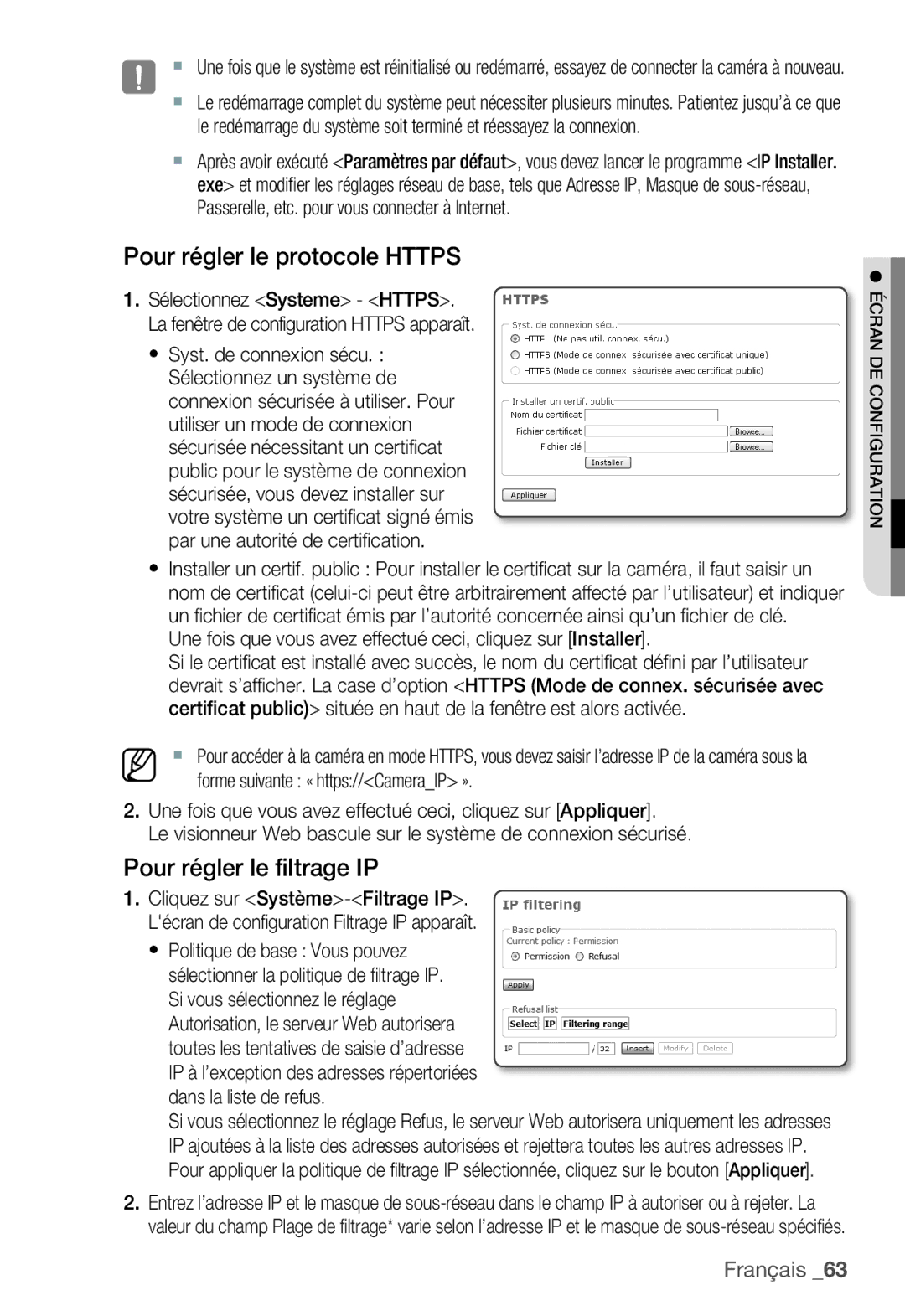 Samsung SNC-B5399P manual Pour régler le protocole Https, Pour régler le filtrage IP 