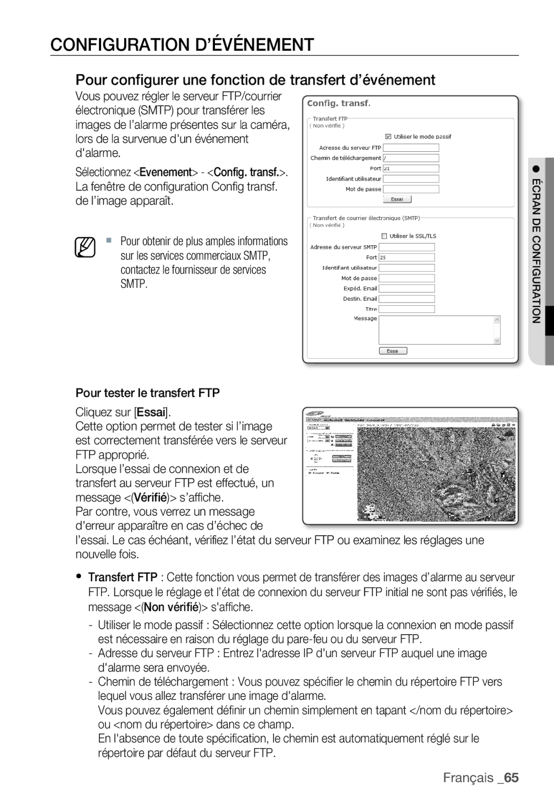 Samsung SNC-B5399P manual Configuration D’ÉVÉNEMENT, Pour configurer une fonction de transfert d’événement 