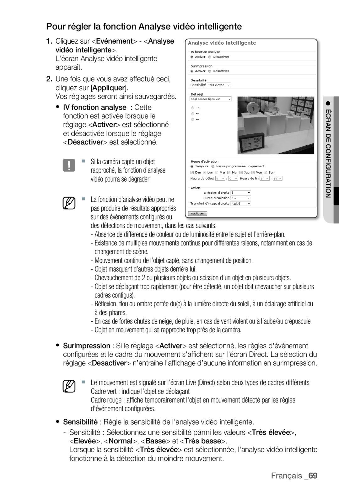 Samsung SNC-B5399P Pour régler la fonction Analyse vidéo intelligente, Des détections de mouvement, dans les cas suivants 