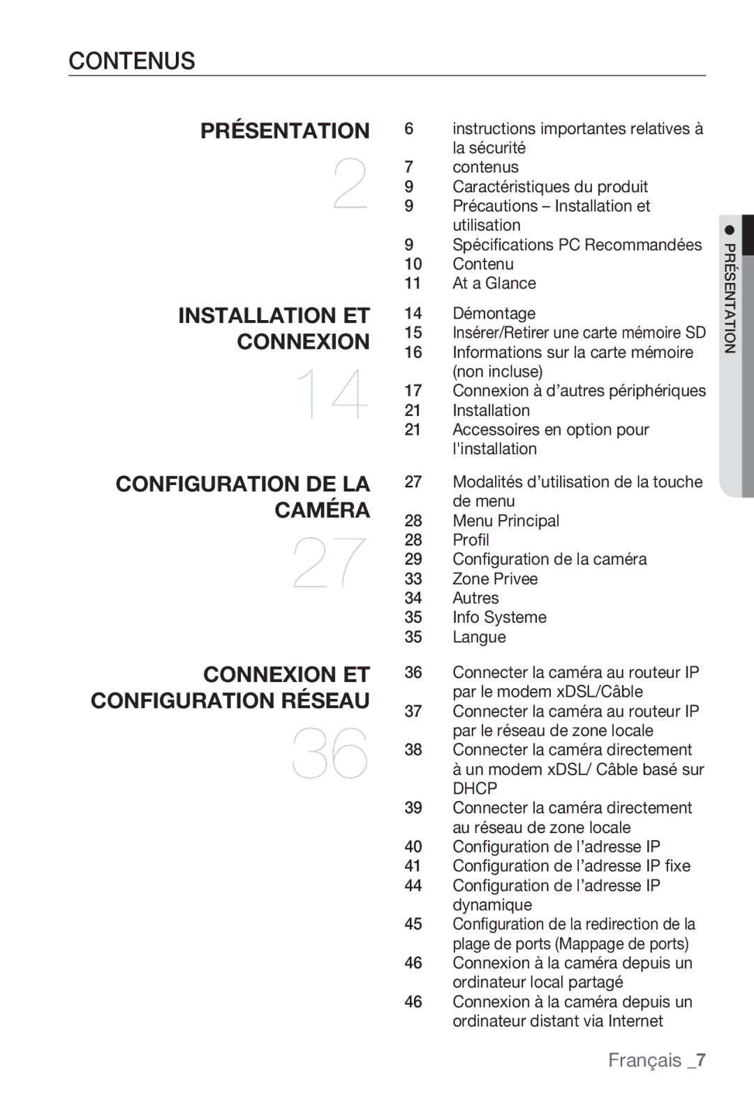 Samsung SNC-B5399P manual Contenus, Dhcp 