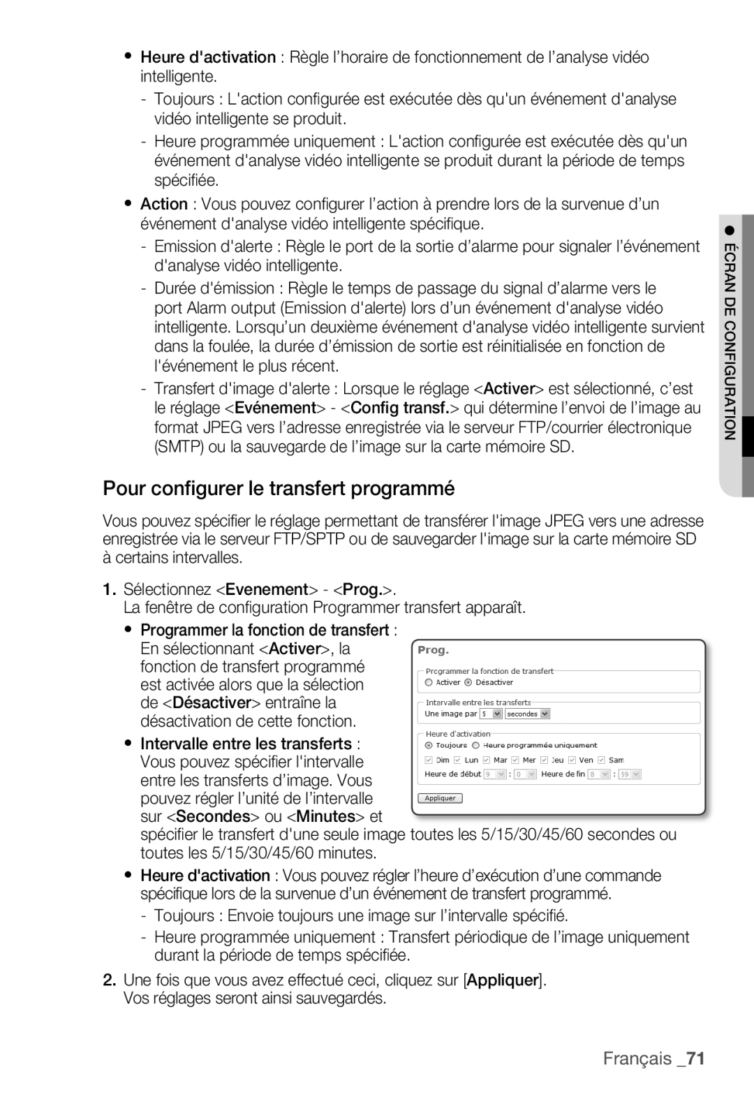 Samsung SNC-B5399P manual Pour configurer le transfert programmé 