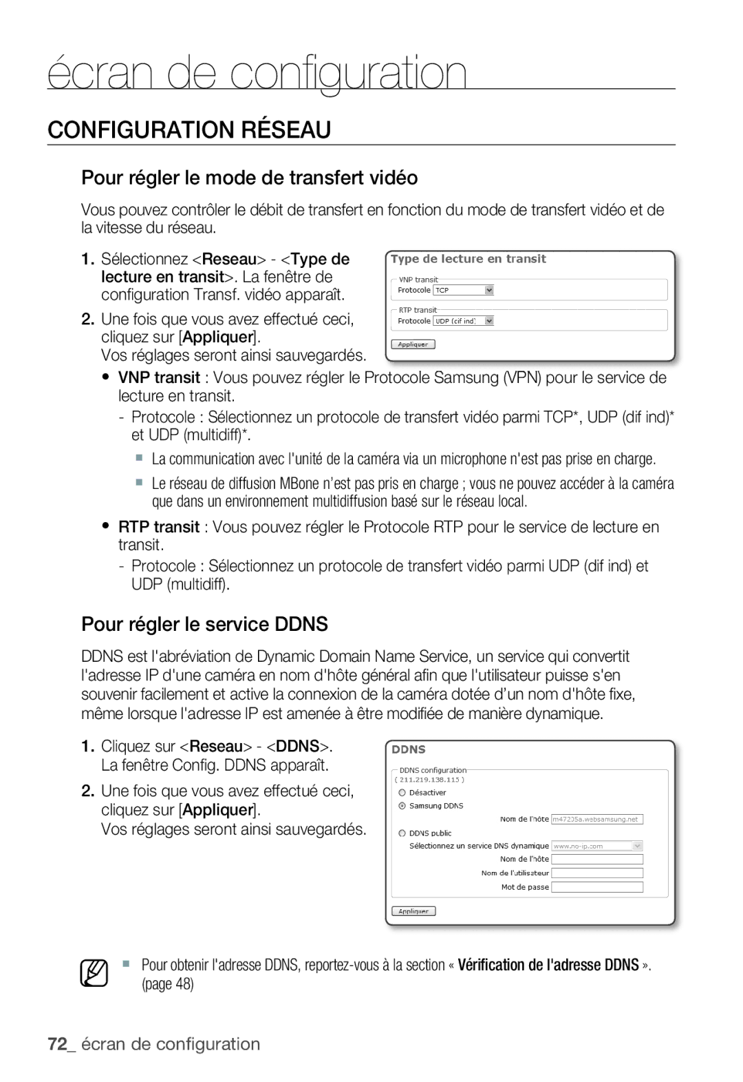 Samsung SNC-B5399P manual Configuration Réseau, Pour régler le mode de transfert vidéo, Pour régler le service Ddns 