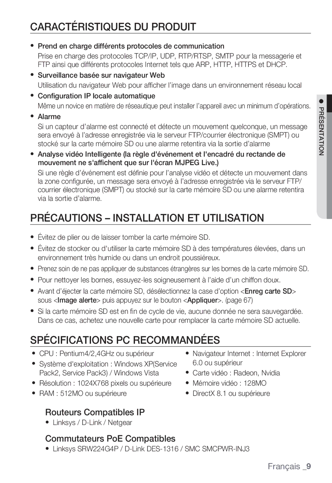 Samsung SNC-B5399P Caractéristiques DU Produit, Précautions Installation ET Utilisation, Spécifications PC Recommandées 