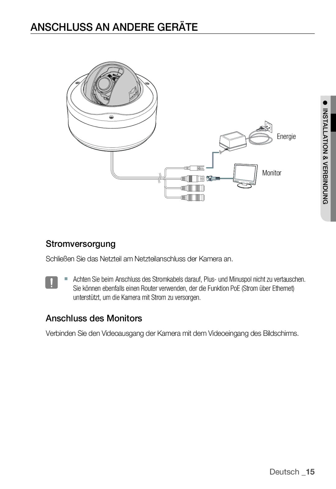 Samsung SNC-B5399P manual Anschluss AN Andere Geräte, Stromversorgung, Anschluss des Monitors, Energie Monitor 