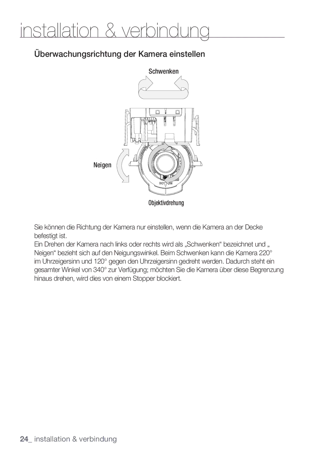 Samsung SNC-B5399P manual Überwachungsrichtung der Kamera einstellen 