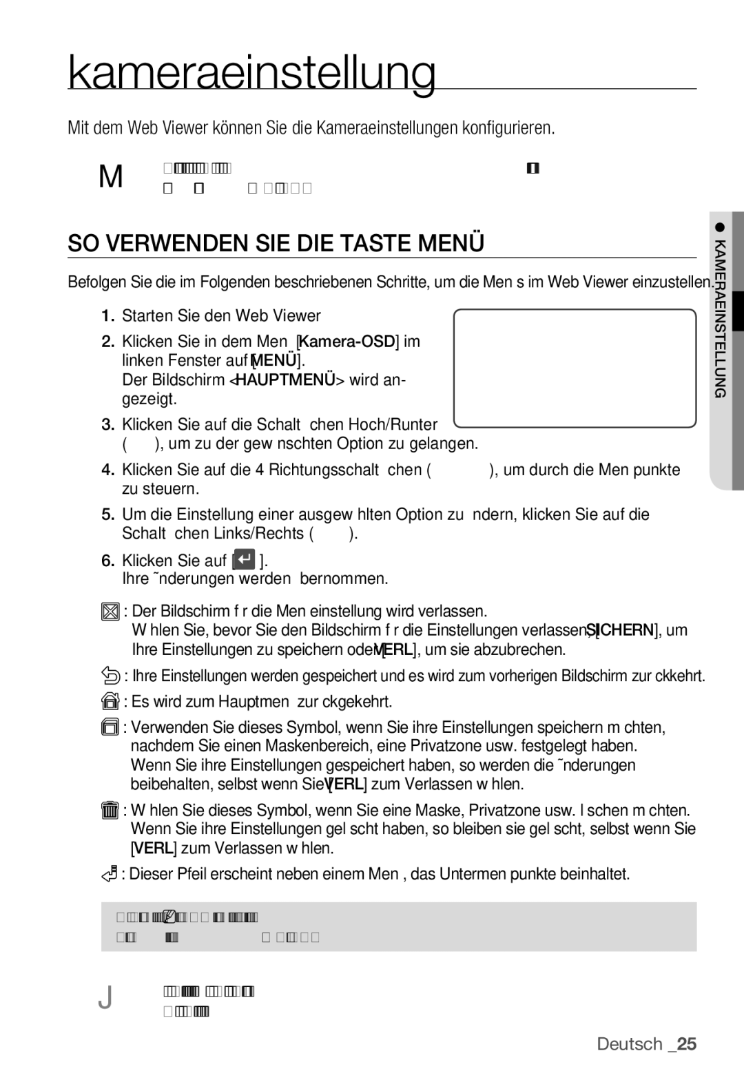 Samsung SNC-B5399P manual SO Verwenden SIE DIE Taste Menü, Es wird zum Hauptmenü zurückgekehrt 