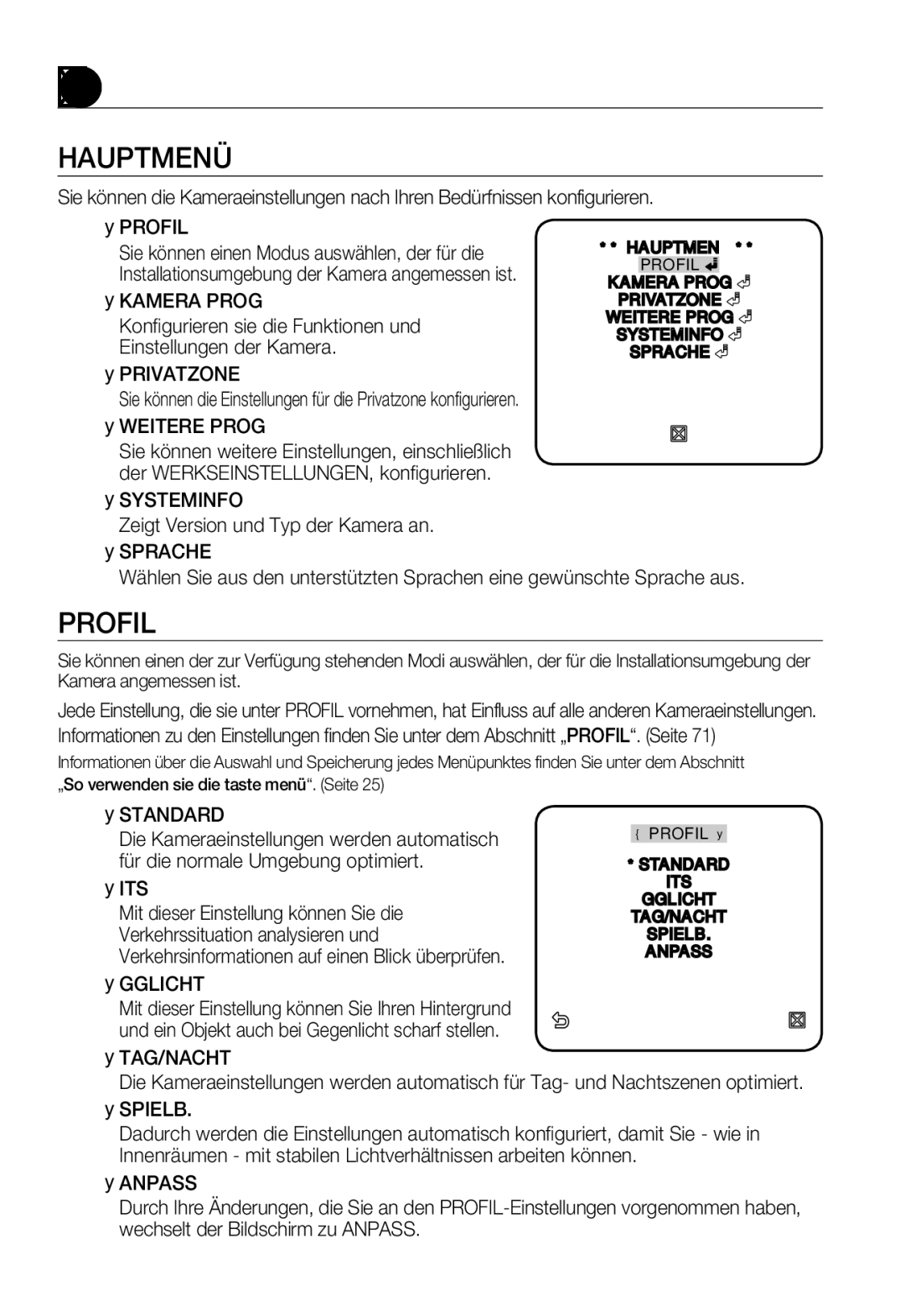 Samsung SNC-B5399P manual Hauptmenü, Profil 