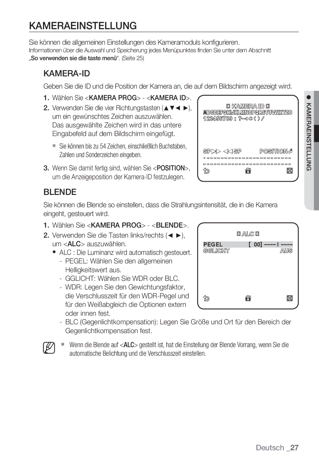 Samsung SNC-B5399P manual Kameraeinstellung, Kamera-Id, Blende 