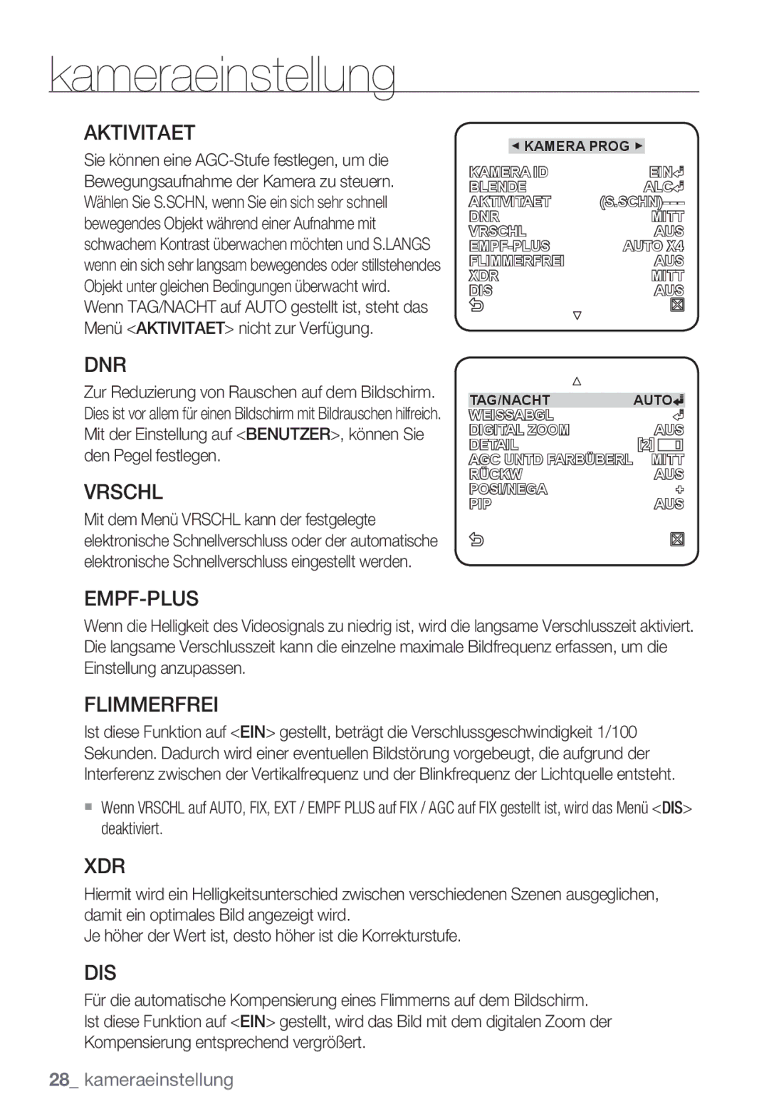 Samsung SNC-B5399P manual Aktivitaet, Dnr, Vrschl, Empf-Plus, Flimmerfrei, Xdr, Dis 