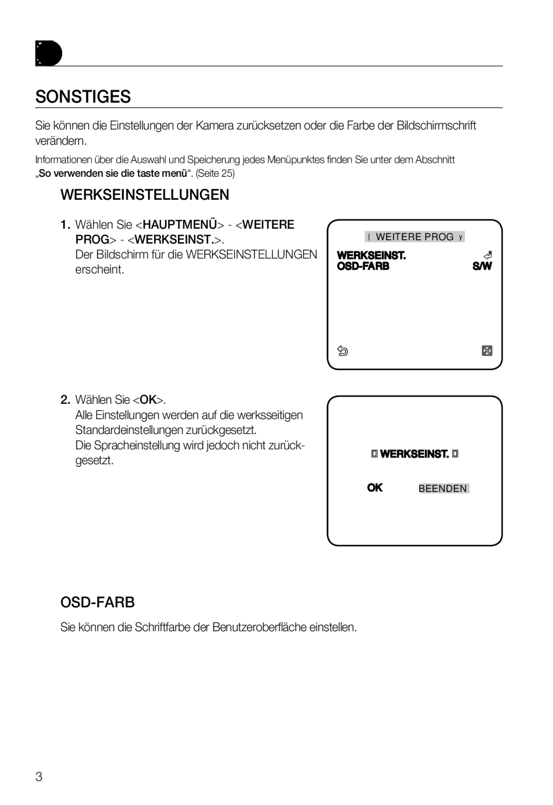 Samsung SNC-B5399P manual Sonstiges, Werkseinstellungen, Osd-Farb, Die Spracheinstellung wird jedoch nicht zurück- gesetzt 