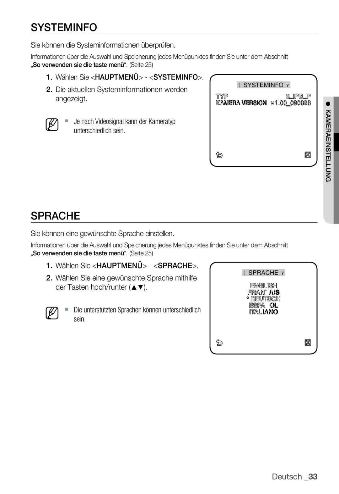 Samsung SNC-B5399P manual Sprache, Sie können die Systeminformationen überprüfen 