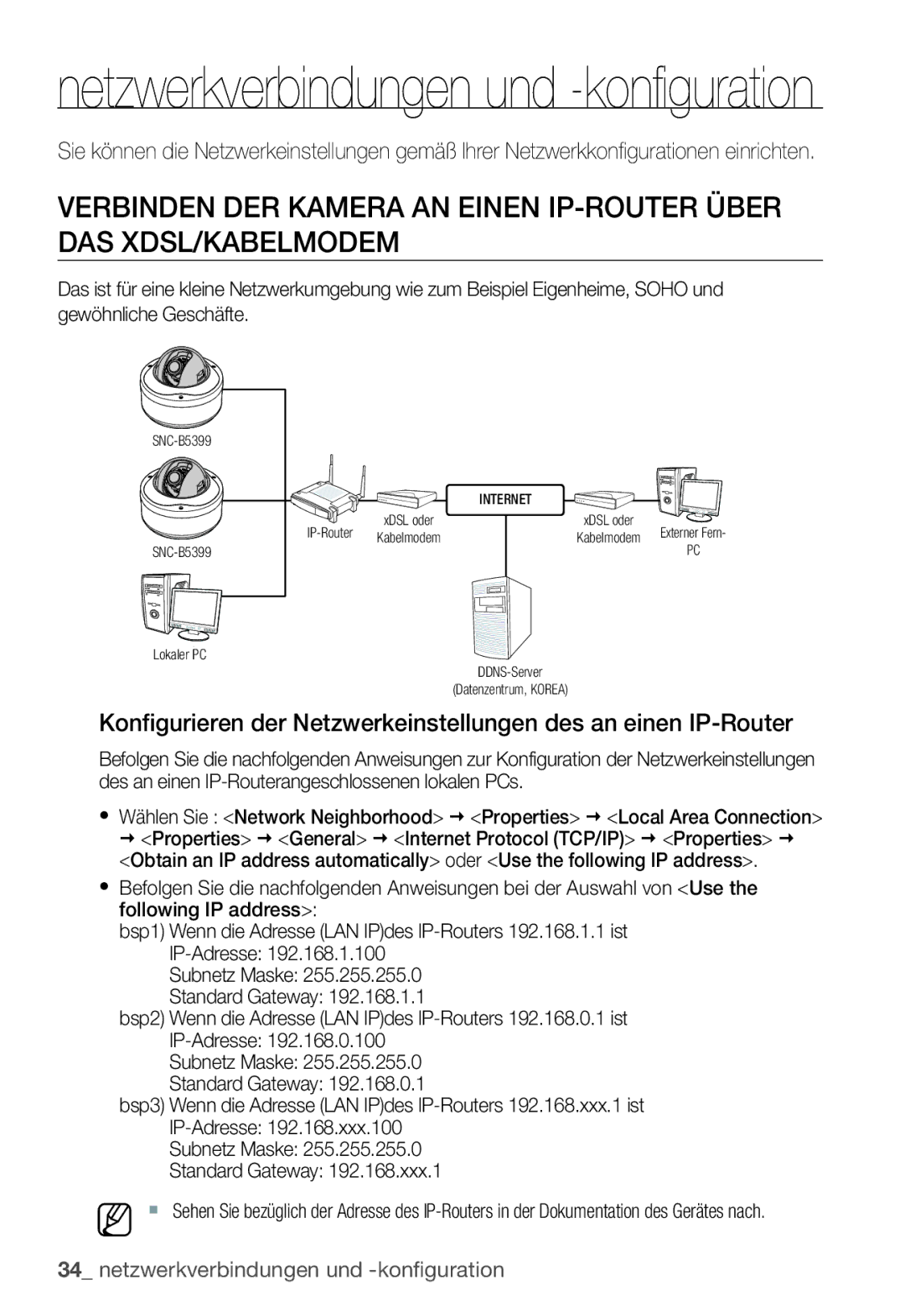 Samsung SNC-B5399P manual Netzwerkverbindungen und -konfiguration 